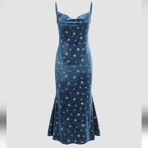 Cider Blue Velvet Celestial Star Cowl Neck Strappy Mermaid Flare Dress